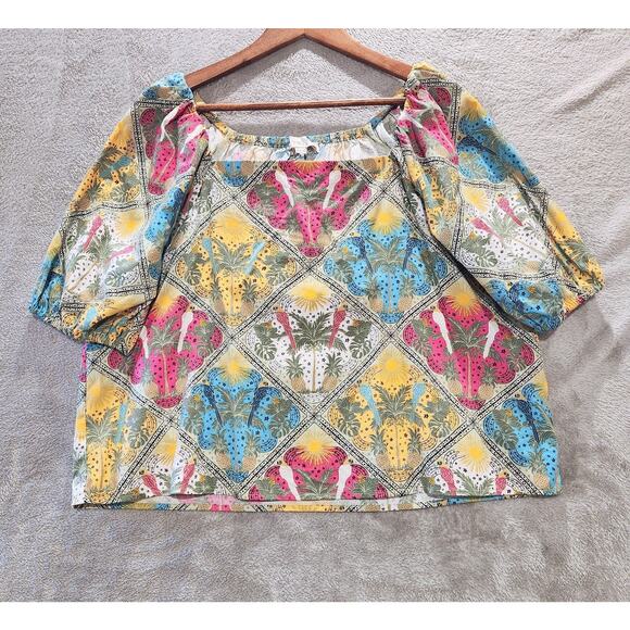 LOFT Palm Puff Sleeve Square Neck Tropical Blouse Size Medium Boho Resort Beach - Picture 1 of 9